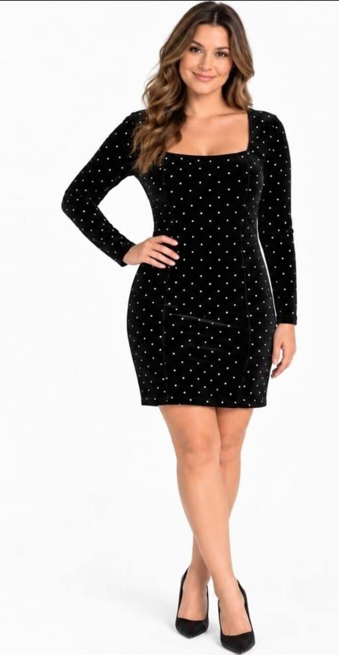 H&M Women’s Sz M Black Studded Velvet Body Dress Long Sleeve SquareNeck T110 New